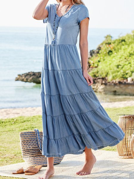 Women Plain Crew Neck Short Sleeve Comfy Vacation Maxi Dress, Blue, Midi