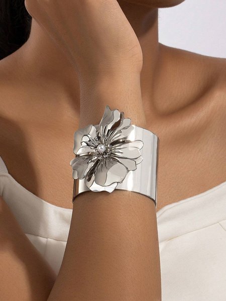 

Unique Exaggerated Metallic Floral Imitation Pearl Wide Cuff Bracelet, Silver, Bracelets