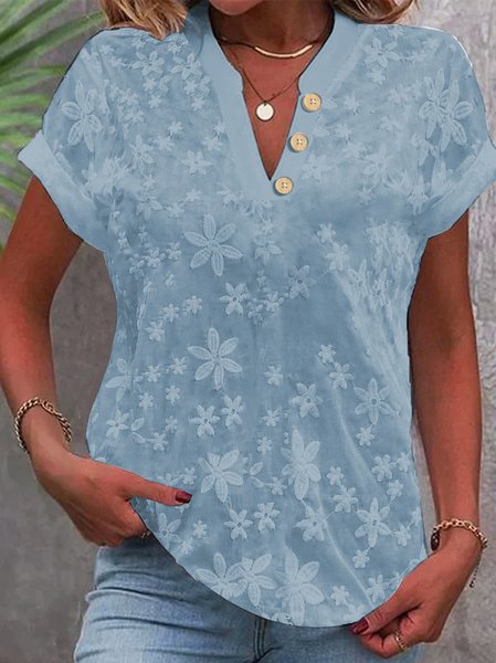 

JFN V Neck Embroidery Simple Cotton Plain Loose Blouse, Blue, Shirts & Blouses