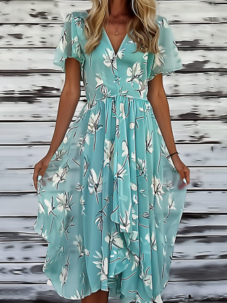 Floral Chiffon Elegant Loose Dress, Green, Dresses