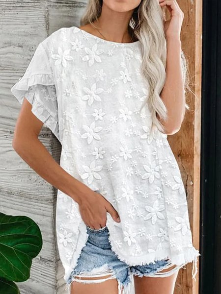 Casual Loose Tassel Cotton-Blend T-Shirt, White, T-Shirts