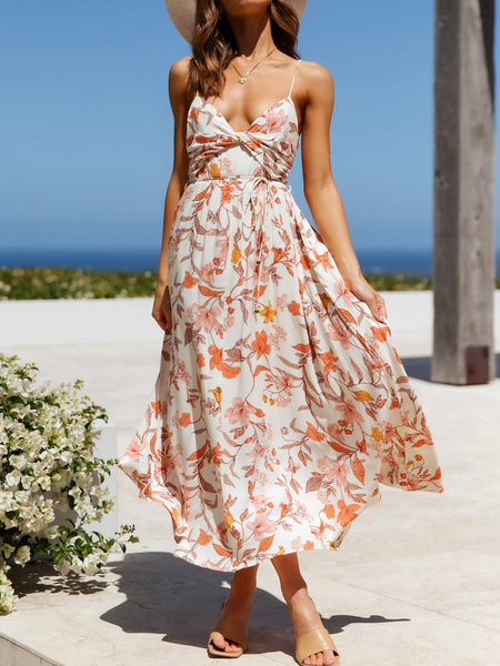 Women Floral Spaghetti Sleeveless Comfy Vacation Maxi Dress, Flower, Maxi