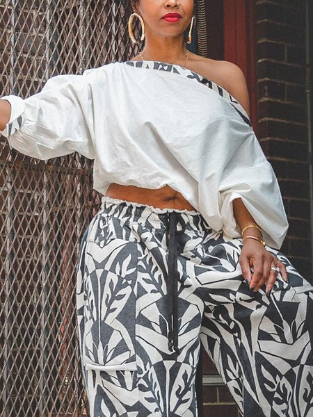 Casual Random Print Boat Neck Loosen Shirt, White, Blouses and Shirts