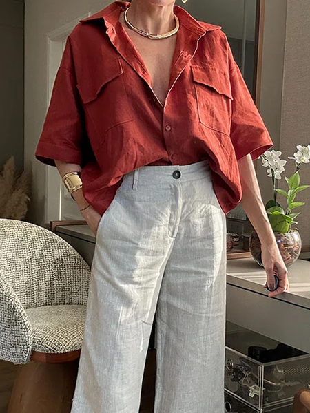 

Plain Casual Shirt Collar Short Sleeve Loose Blouse, Brick red, Blouses and Shirts