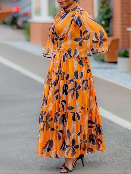 Stand Collar Floral Regular Fit Vacation Dress, Orange, Maxi Dresses
