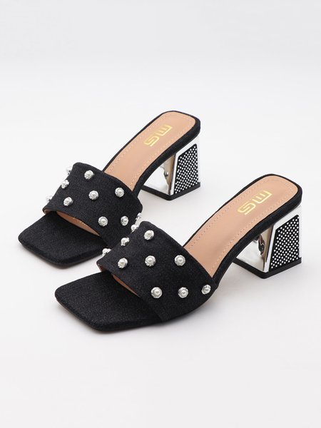 

Elegant Imitation Pearl Studded Denim Block Heel Mule Sandals, Black, Slippers