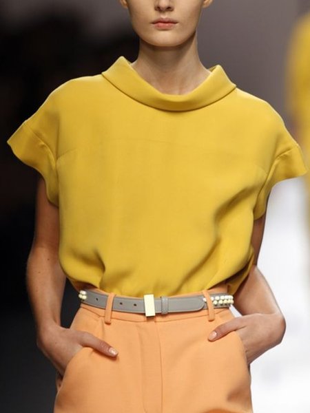 Plain Daily Stand Collar Short Sleeve Shirt, Yellow, Blouses and Shirts
Plain Daily Stand Collar Short Sleeve Shirt, Yellow, Blouses and Shirts