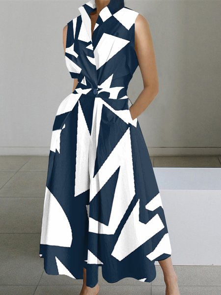 Shirt Collar Urban Geometric Regular Fit Dress, White-blue, Maxi Dresses