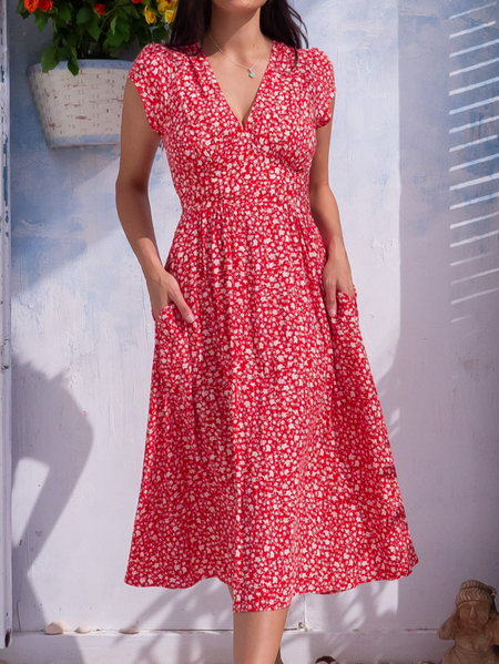 Small Floral V Neck Simple Dress, Red, Dresses