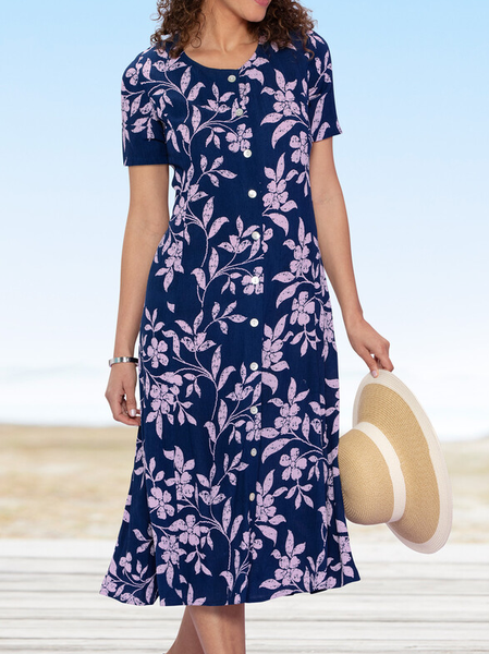 Vacation Crew Neck Floral Dress, Blue purple, Dresses