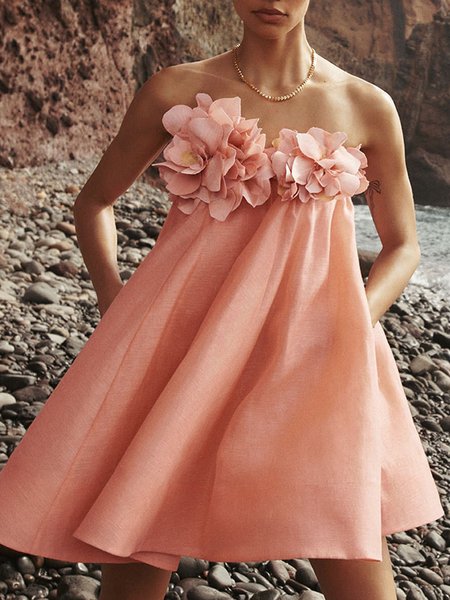 Women Floral Strapless Sleeveless Comfy Vacation Short Dress, Orange red, Dresses