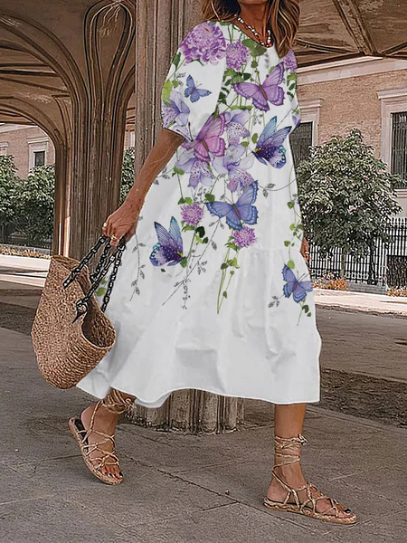 Butterfly Casual Linen Style Dress, White, Maxi Dresses