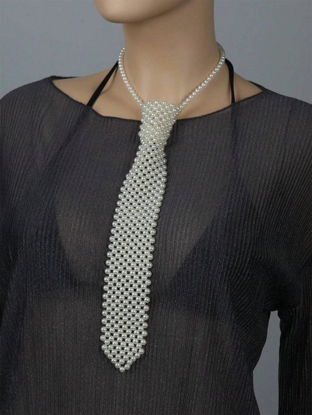

Fashionable Imitation Pearl Beaded Weave Tie Necklace, As picture, Necklaces