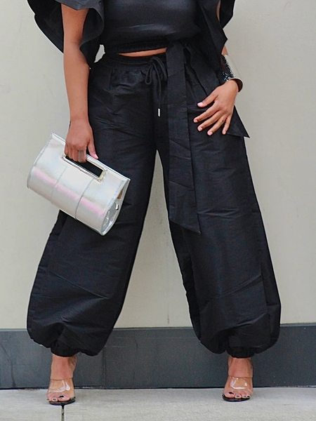Urban Plain Loose Long Pants Ankle Banded Pants, Black, Pants