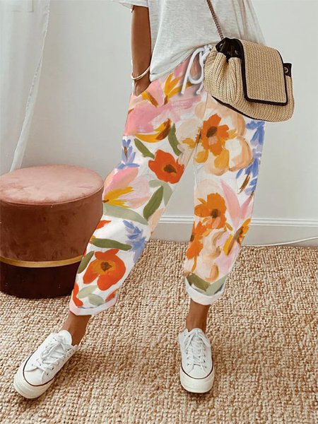 Casual Floral Loose Pants, Orange, Pants
