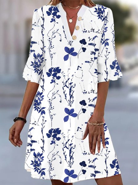 Buckle Casual Knitted Floral Dress, Blue, Dresses