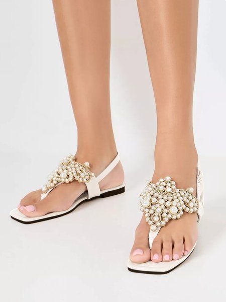 

Elegant Imitation Pearl Adjustable Buckle Thong Sandals, Beige, Slippers
