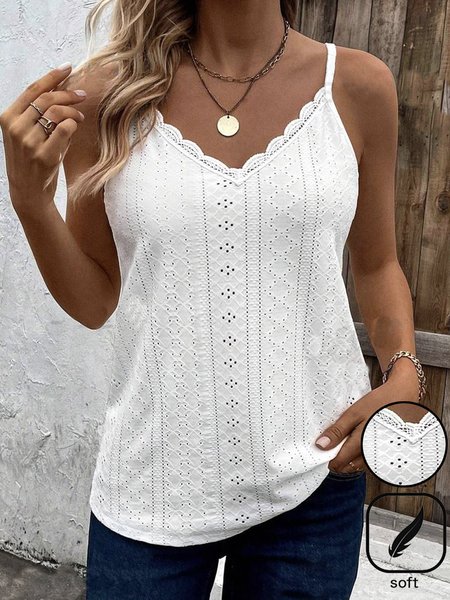 

Casual Plain Lace V Neck Cami, White, Tank Tops & Camis