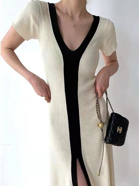 Urban V Neck Regular Fit Sweater Dress, Apricot, Midi Dresses