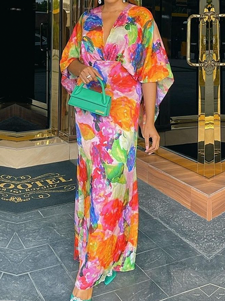 Regular Fit Elegant Floral V Neck Short Sleeve Maxi Dress, As picture, Maxi Dresses