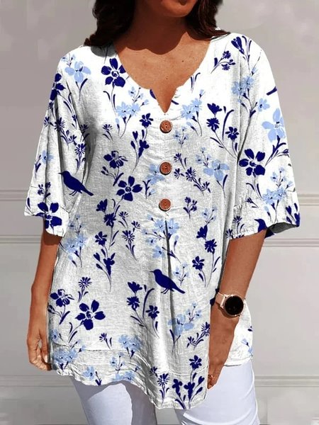 Loose Floral Casual V Neck Shirt, White-blue, Shirts & Blouses