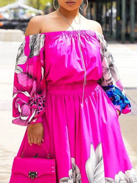Loose Vacation Floral Boat Neck Shirt, Rose red, Blouses and Shirts