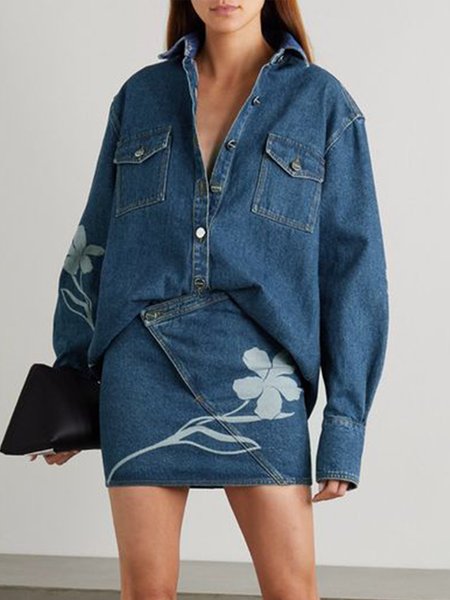 Floral Shirt Collar Loose Urban Denim Blouse, Denim blue, Blouses and Shirts