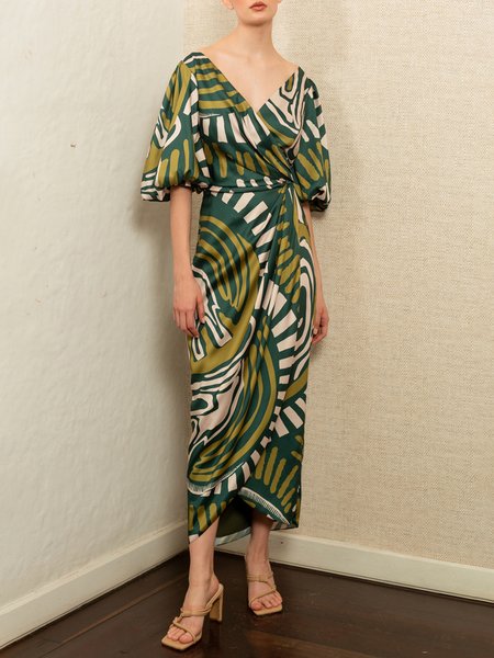 Abstract Graphic Shawl Collar Regular Fit Urban Dress, Green, Maxi Dresses