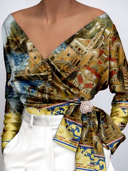 

Vacation Random Print Cross Neck Shirt, As picture, Blouses and Shirts