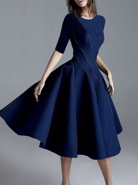 Crew Neck Plain Elegant Denim Dress, Blue, Midi Dresses