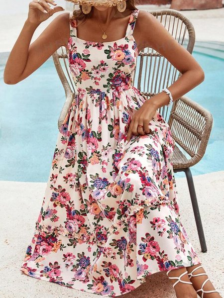Women Floral Spaghetti Gallus Comfy Vacation Maxi Dress, Apricot, Dresses