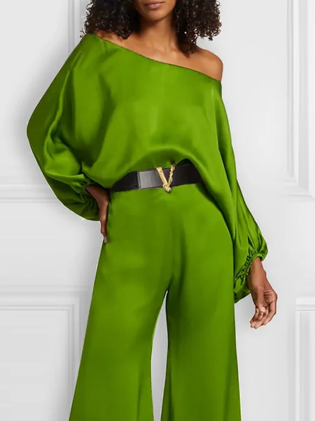 Boat Neck Plain Loose Urban Long Sleeve Shirt, Green, Blouses and Shirts