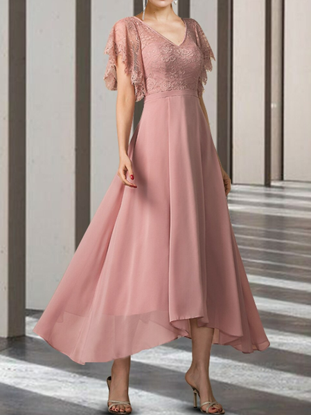 Plain Elegant Lace V Neck Dress, Pink, Dresses