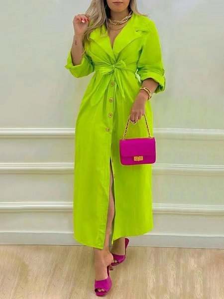 Shawl Collar Casual Regular Fit Plain Dress, Lightgreen, Maxi Dresses