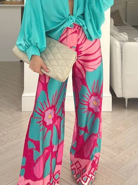 Regular Fit Vacation Floral Long Pants, As picture, Pants