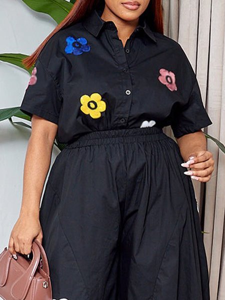 Shirt Collar Casual Loose Floral Blouse, Black, Blouses and Shirts
