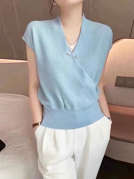 Cross Neck Plain Loose Casual Shirt, Sky blue, Blouses and Shirts
