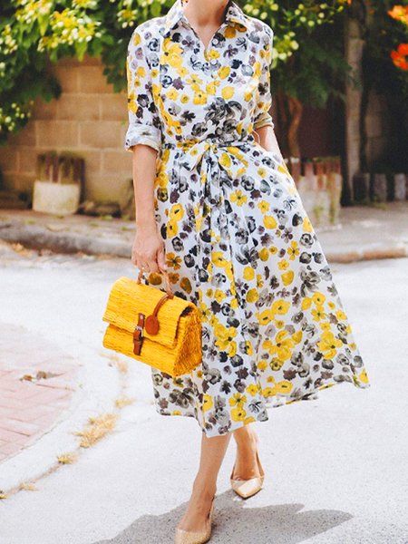 Urban Printing Shirt Collar Loose Dress With Belt, As picture, Maxi Dresses