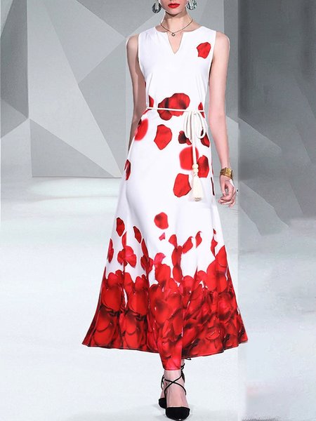 V Neck Elegant Regular Fit Floral Dress With Belt, Red, Maxi Dresses