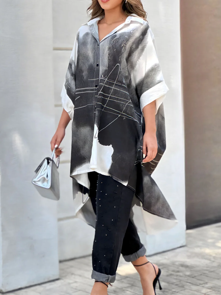 Shirt Collar Short Sleeve Casual Abstract Loose Mid-long Blouse, Black, Blouses and Shirts
Shirt Collar Short Sleeve Casual Abstract Loose Mid-long Blouse, Black, Blouses and Shirts