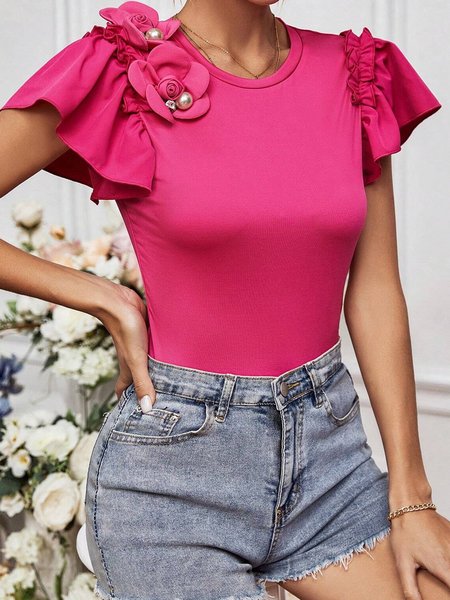 Crew Neck Ruffled Sleeves Short Sleeve Plain Regular High Elasticity Regular Fit Shirt For Women, Rose red, Blouses