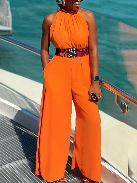 Sleeveless Casual Regular Fit Jumpsuit With Belt, Orange, Jumpsuits