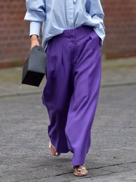 Casual Plain Pocket Stitching Fashion Pants, Purple, Pants