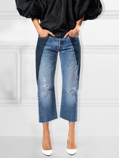 Micro-Elasticity Color Block Urban Denim Regular Fit Jeans Ankle Pants, Blue, Jeans