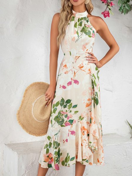 

Elegant Floral Halter Dress With No, Apricot, Dresses