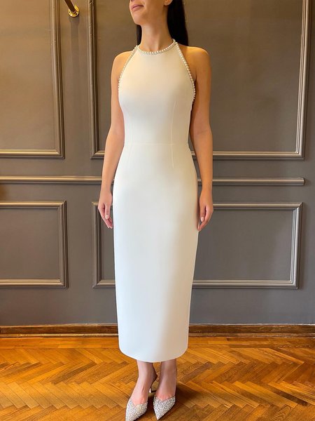 

Elegant Halter Tight Plain Midi Dress, White, Midi Dresses