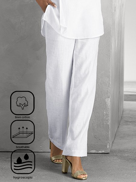 

Plain Casual Pocket Stitching Loose Pants, White, Pants