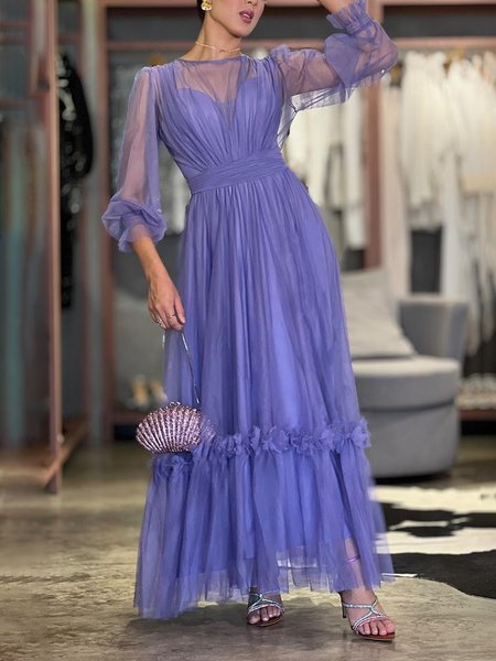 Crew Neck Regular Fit Plain Elegant Maxi Dress, Purple, Maxi Dresses