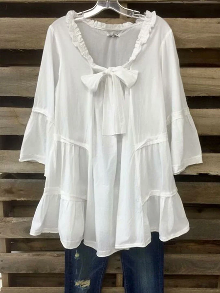 Simple V Neck Cotton-Blend Blouse, White, Blouses & Shirts