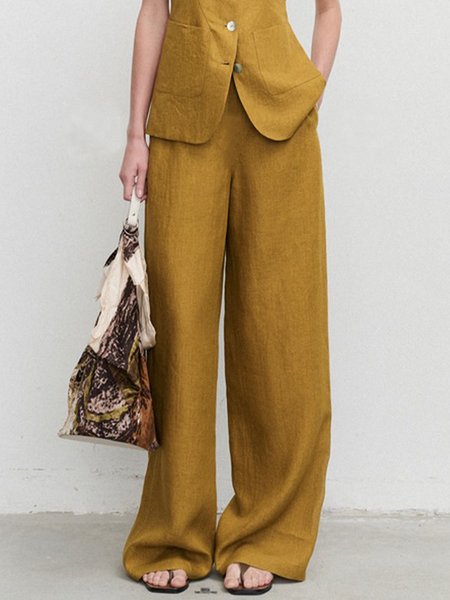 Casual Linen High Waist Fashion Wide leg Pants, Yellow, Pants 
Casual Linen High Waist Fashion Wide leg Pants, Yellow, Pants